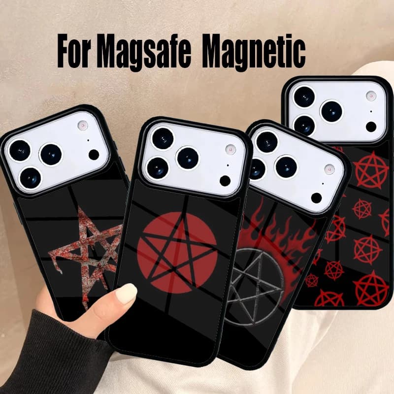Cover Magnetica Wireless Magsafe Pentagramma Rosso Sangue per iPhone 17 Air 16e 15 14 13 12 11 Pro Max Plus