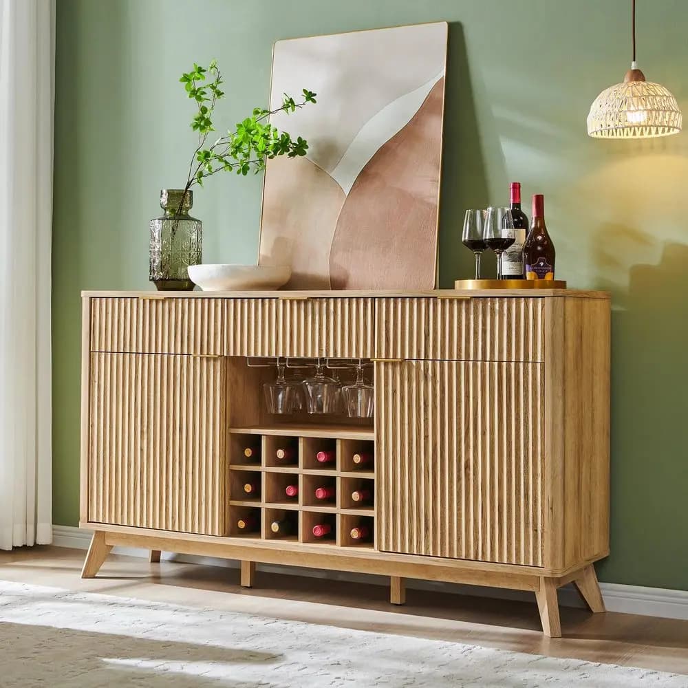 Mobile bar scanalato per vini, credenza moderna da 60 cm di larghezza con ampio spazio contenitivo, 2 armadietti laterali, 3 cassetti, 4 portabicchieri e 12
