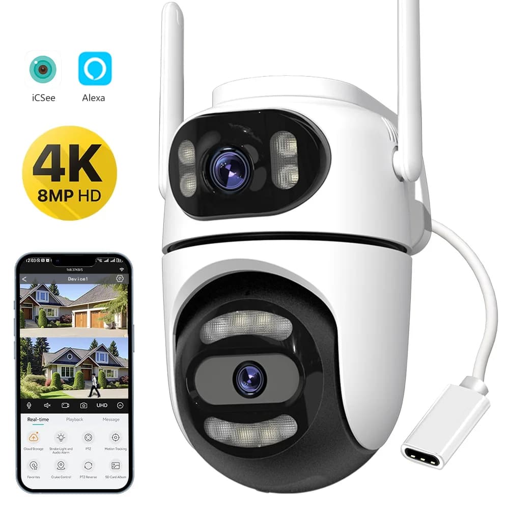 8MP 4K HD Wifi PTZ Telecamera iCsee APP Doppia Lente Doppia Schermi Video Sorveglianza Telecamera IP Ai Tracking Sicurezza Domestica Esterna CCTV
