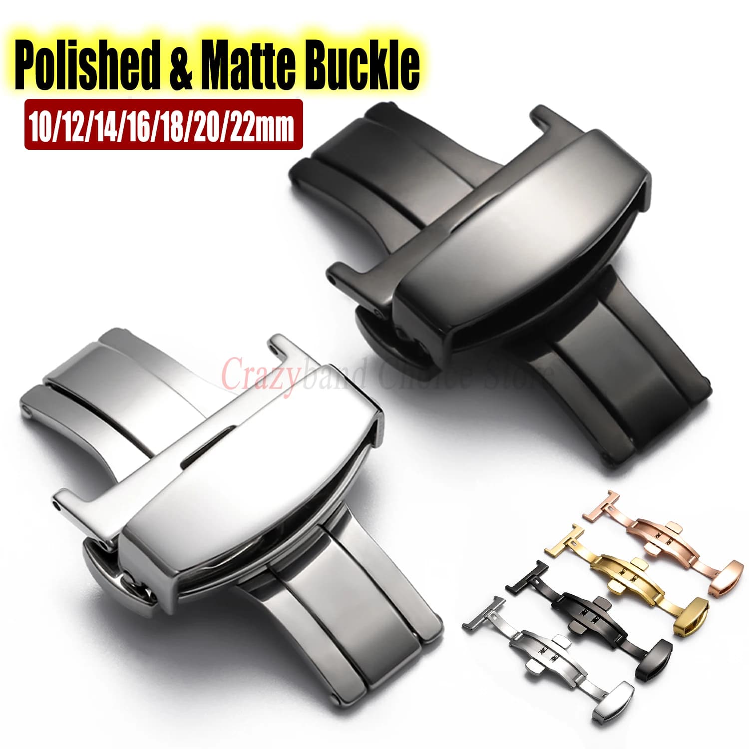 Stainless Steel Butterfly Buckle Polished and Opaca, Universal for Watches 16mm 18mm 20mm 22mm, Leather Strap Closure Accessories