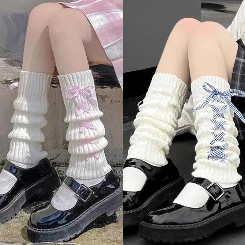 Scaldamuscoli Lolita Calzini lunghi gotici giapponesi Leggings a nastro Ghette Guanti Goth Calzini invernali Polsini lavorati a maglia Scaldamuscoli per le donne