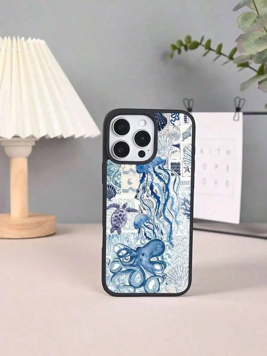 Marine Life Art Phone Case Ocean Theme Octopus Jellyfish Design Shockproof Protective Case For iPhone 16 Pro Max 15 14 13 12