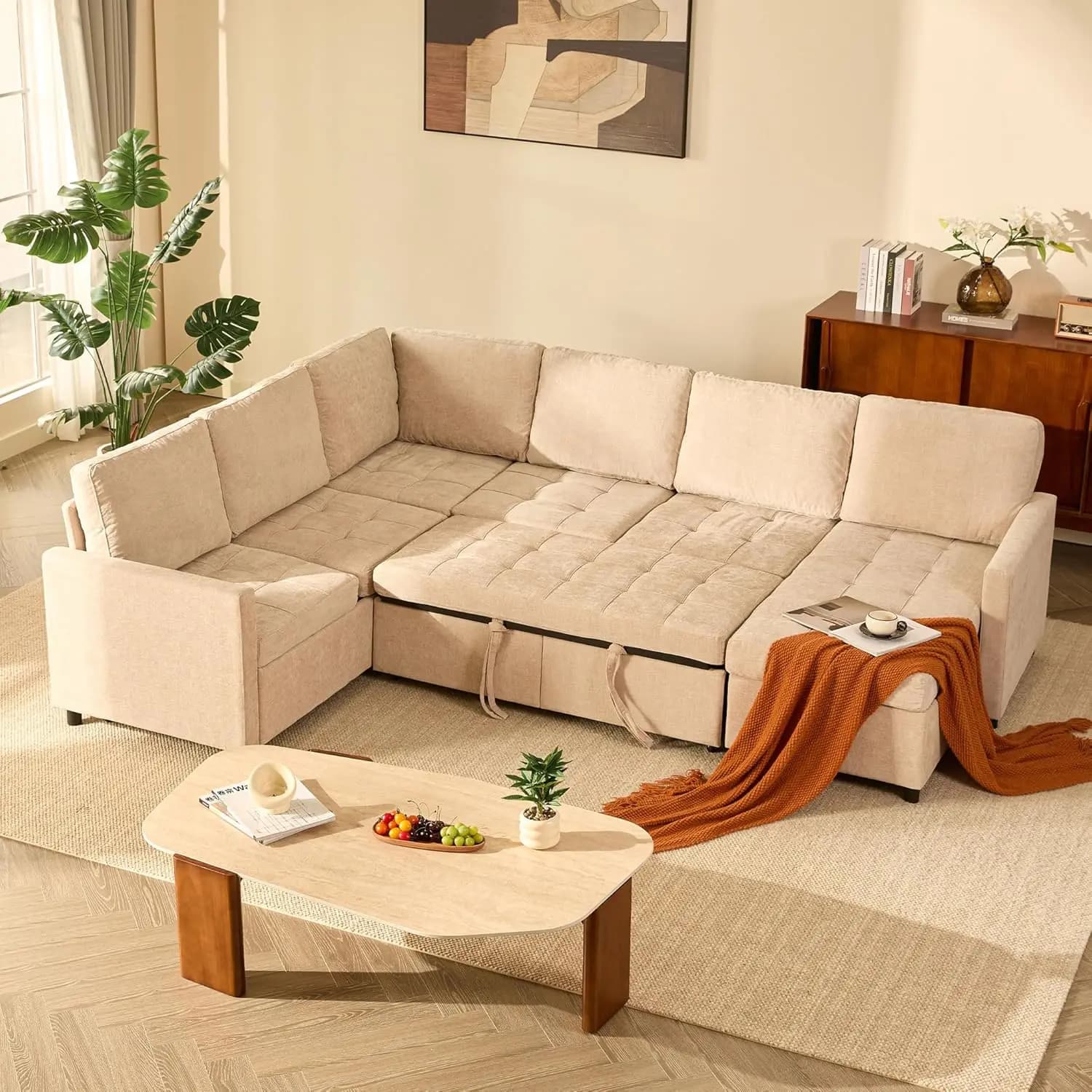 US Shipping Sleeper Sofa Modular Sectional Pull Out Bed U Shaped Couch Storage Wide Deep Seat Removable Chenille Cover Flat