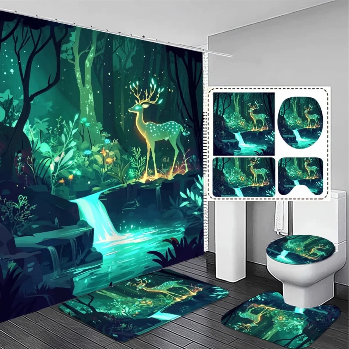 4pcs Enchanting Forest Deer High Quality Shower Curtain and Non-Slip Bath Mat Set - Elegant and Stylish Bathroom Decor Exqu