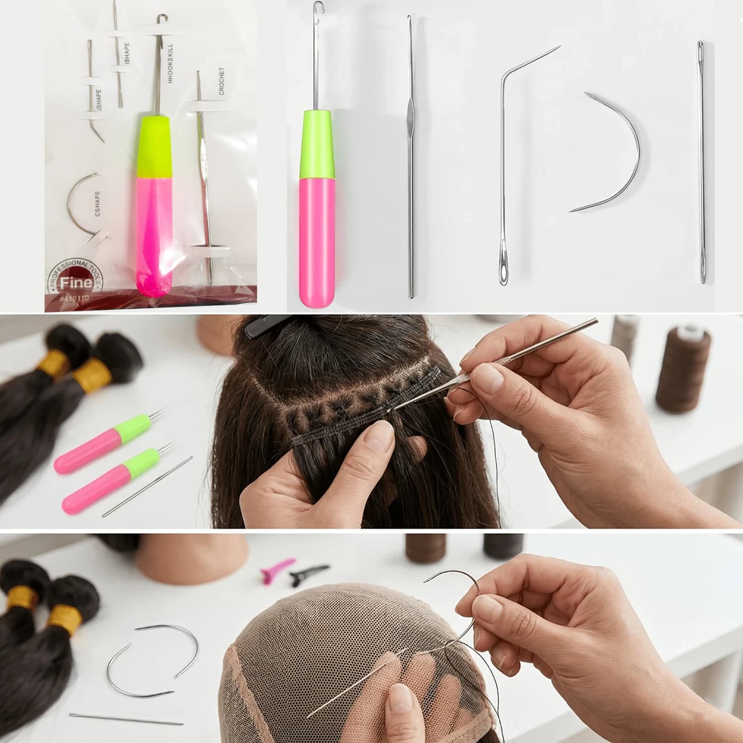 Needle Set for Making Wig Sewing Hair Weft Hair Weave Extension,Crochet Needles for Hair，Big Medium and Small C J Shape Curved