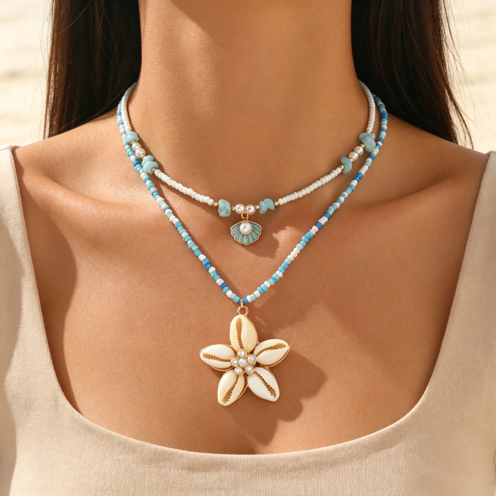 Boho Ocean Layered Beaded Necklaces Women Blue White Seed Bead Cowrie Shell Star Pendant Summer Beach Vacation Jewelry