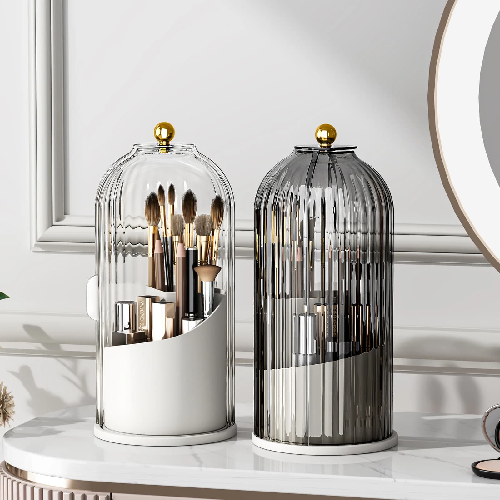 YOOLENS Makeup Brush Organizer With Cover, Organizer Makeup Brushes Transparent Rotating 360 For Bathroom Desktop vanity