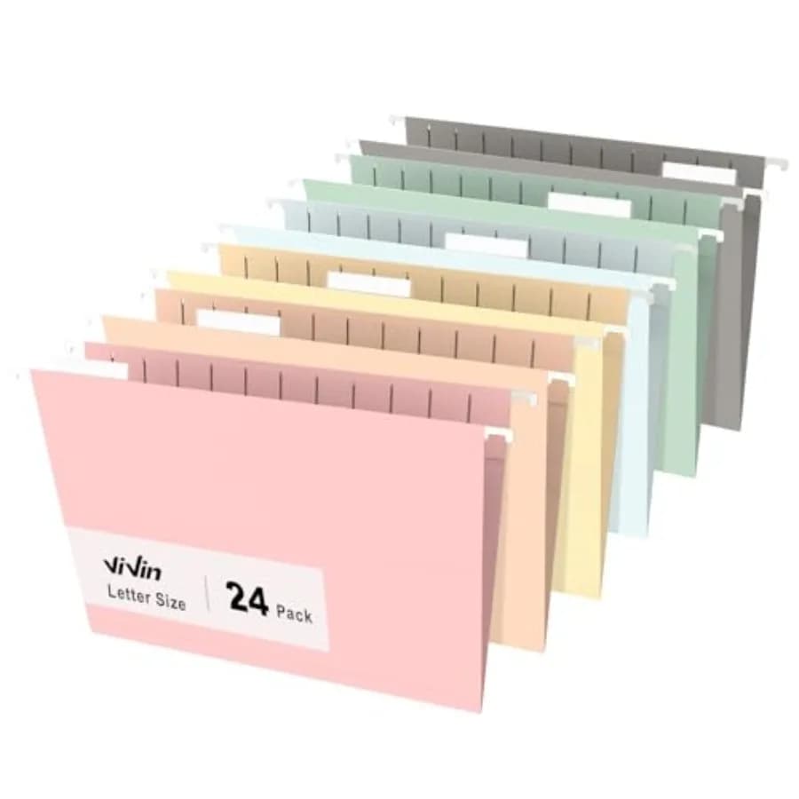 Hanging File Folders 24 Pack, Letter Size with 1/5-Cut Adjustable Tabs, Colors, Reinforced File Organizer for Office Desk, Home