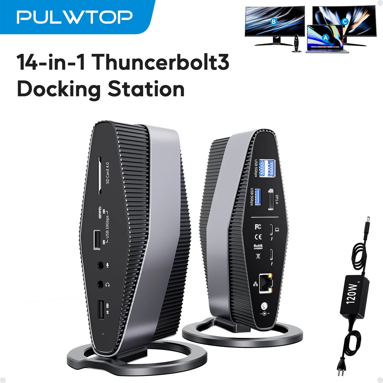 Dock PULWTOP Thunderbolt 3 (display singolo 5K, doppio 4K, 40 Gbps), con doppio monitor Display 4K, 40 Gb/s, SD/TF4.0, USB A/C 10 Gbps