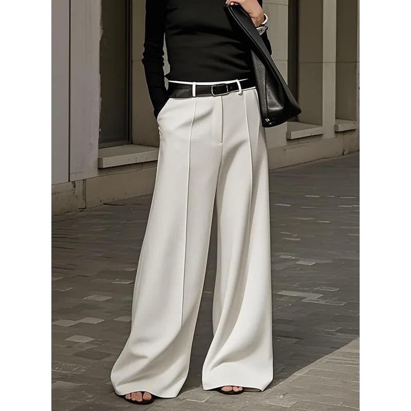 Pantaloni da abito a gamba larga di colore bianco nero da donna 2026 Pantaloni da lavoro da ufficio a vita alta elastici allentati casual di nuova moda senza cintura
