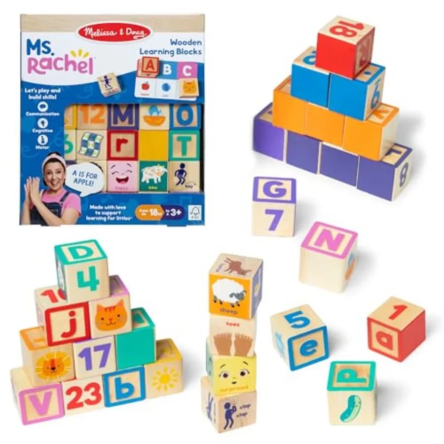 Melissa and Doug Ms. Rachel Letter, Number, and Game Wooden Learning Blocks with Activity Cards for Girls and Boys Toddlers Age