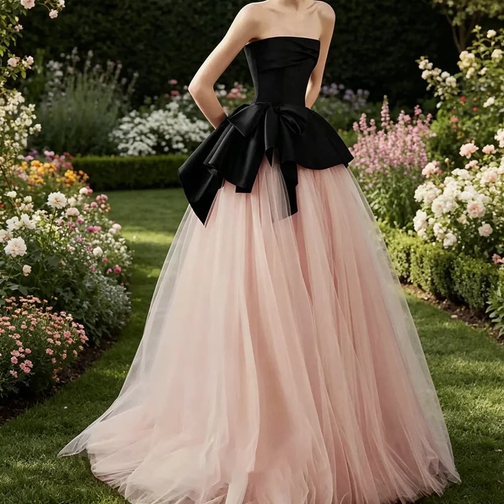 Elegante Abito da Sera Formale Nero e Rosa Senza Spalline con Pieghe, Vestito da Ballo per Feste di Compleanno e Cerimonie, Personalizzabile