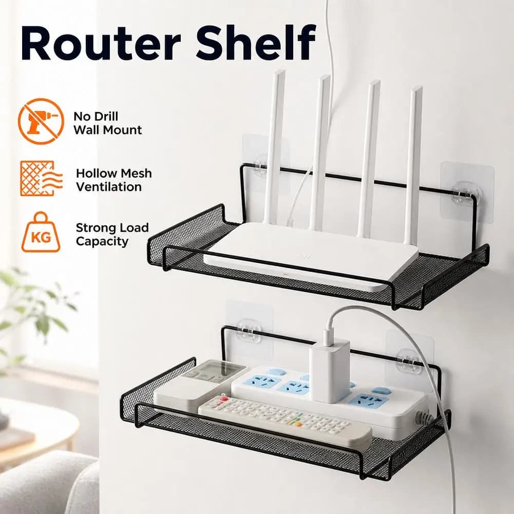 Stainless Steel Wall-Mounted Router Shelf No Drill WiFi Storage Organizer Home Bathroom Kitchen Shelf