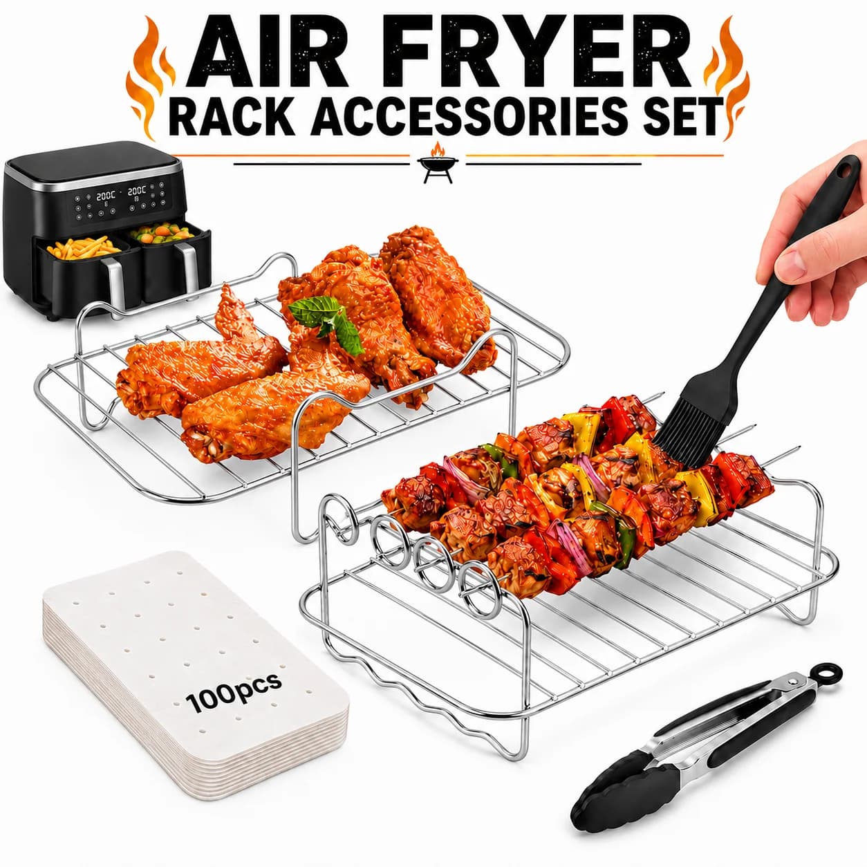 Stainless Steel Dual Air Fryer Accessories Multi Layer Rack With Skewers w Perforated Baking Paper For Roasting Chicken Meat