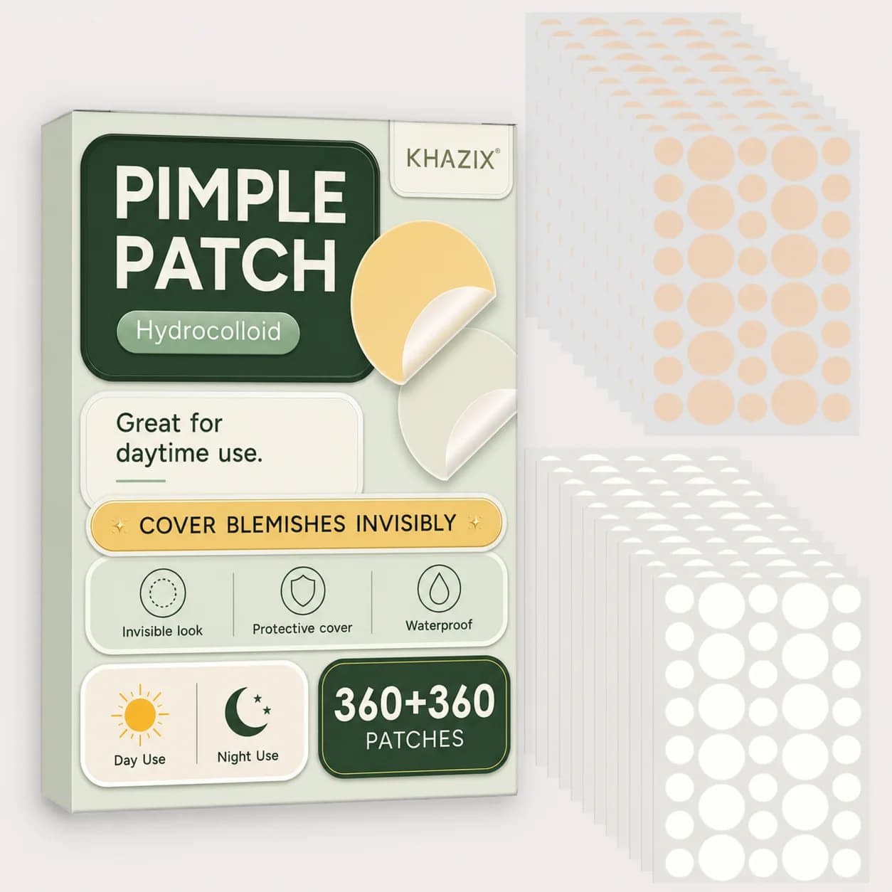360+360pcsHydrocolloid Acne Pimple Patch, Hydrocolloid Spot Stickers, Covering Zits and Defect, Nighttime Spot Stickers for Face