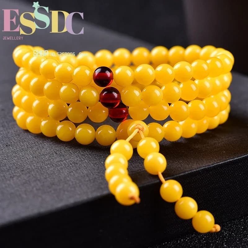 Bracciale o collana tibetano con perline di cera d'api gialla da 8 mm, avvolgimento a 4 cerchi per uomini o donne, gioielli da meditazione Mala da 108 fili
