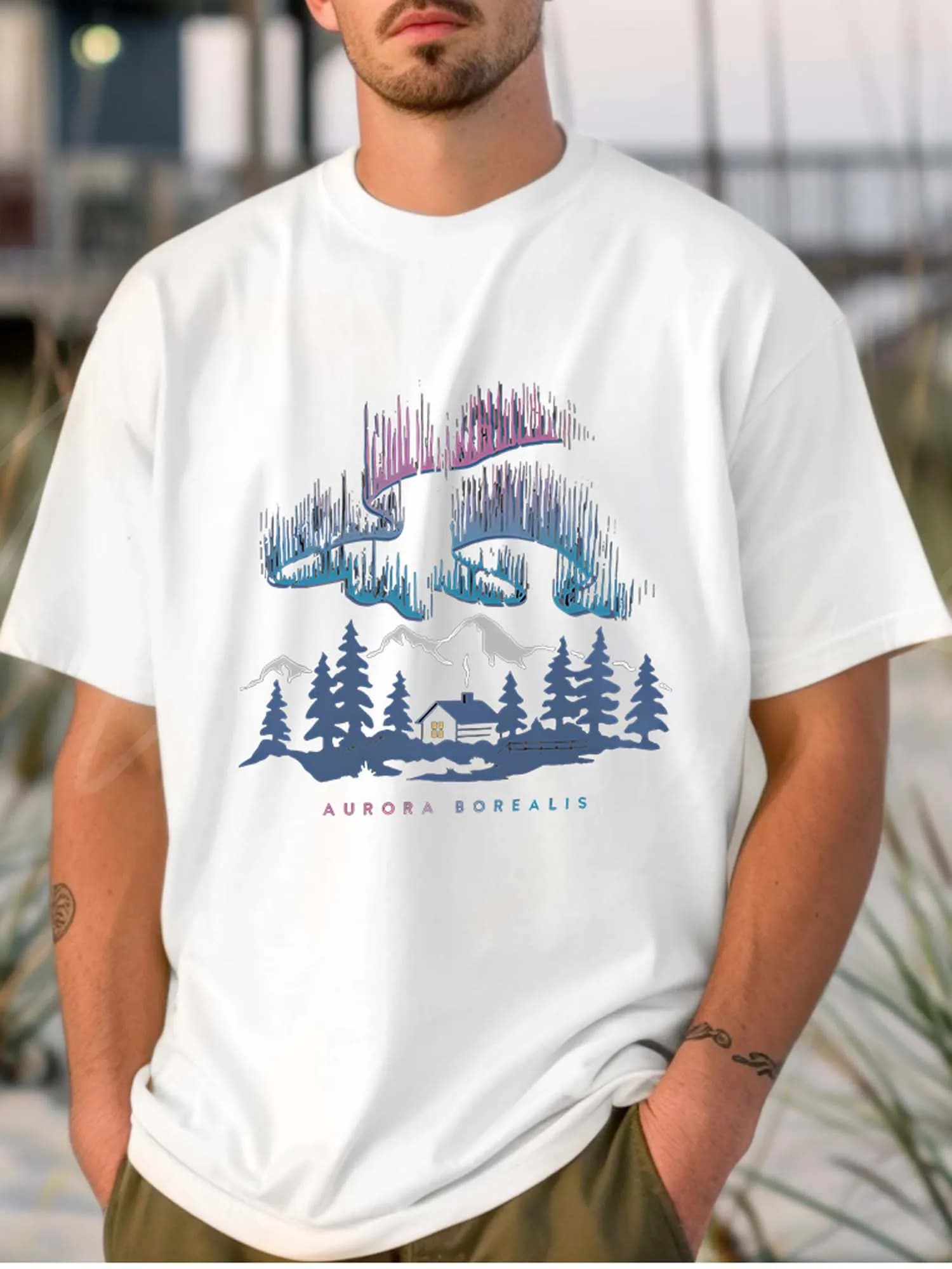 T-shirt bianca da uomo in cotone: illustrazioni di aurore boreali e capanni