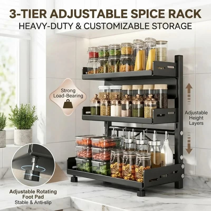 Scaffale Porta Spezie in Metallo a 3 Ripiani Regolabili, Nero, Set Assortito per Organizzazione Cucina e Casa