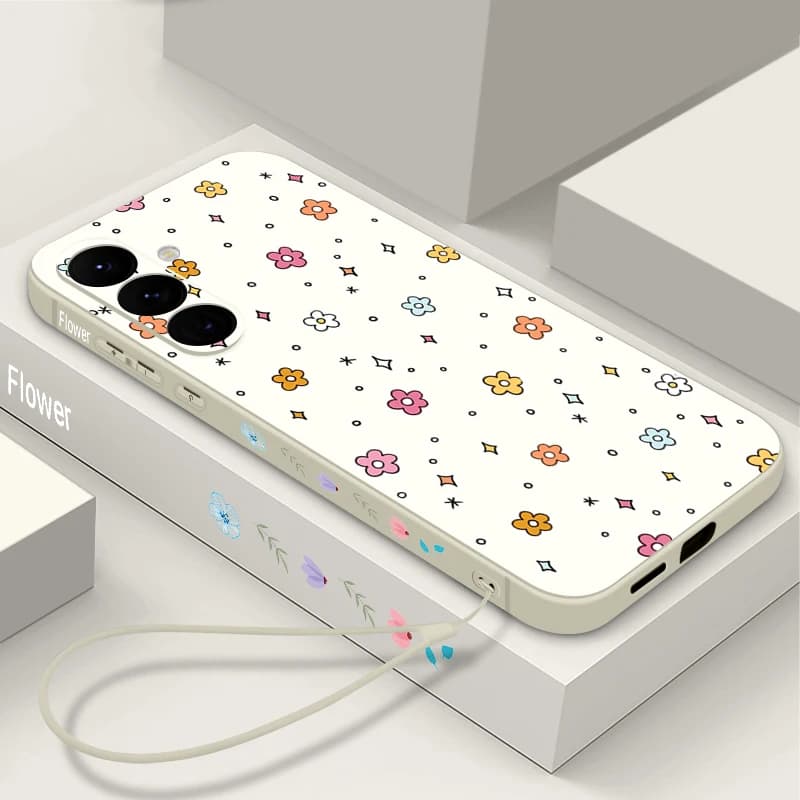 Custodia Morbida con Cordino e Stampa Floreale per Samsung Galaxy A57 A17 A56 A16 A55 A15 A54 A36 S25 FE S26 S24 S23 S22 Ultra