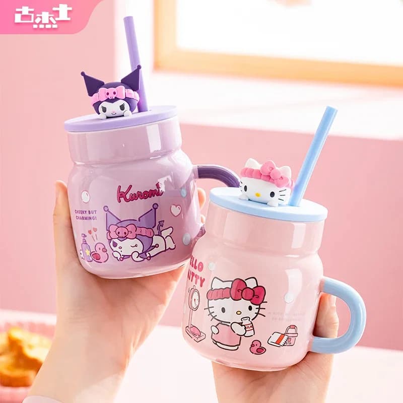 Sanrio 450ml Tazza in ceramica Hello Kitty Kuromi Cartoon Tazze d'acqua con cannuccia e coperchio 3D Home Office Tazza da caffè Tazza da tè Bicchieri regalo