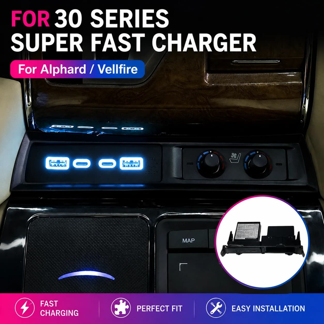 Car USB Charger for Alphard Vellfire 30 Series Auto Center Console 4-Port 45W Fast Charging Dock Type-C Adapter Ambient Light