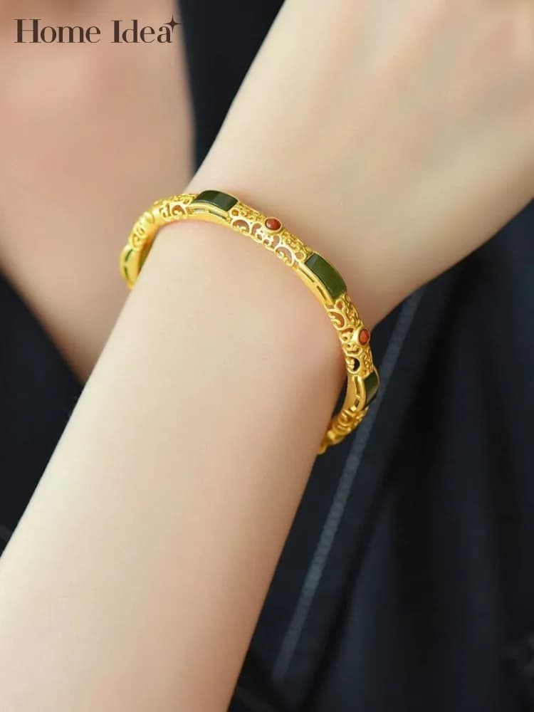 Braccialetti in argento S925 con giada naturale Braccialetti eleganti da donna placcati in oro da donna Gioielli floreali di design Vitnage scavati