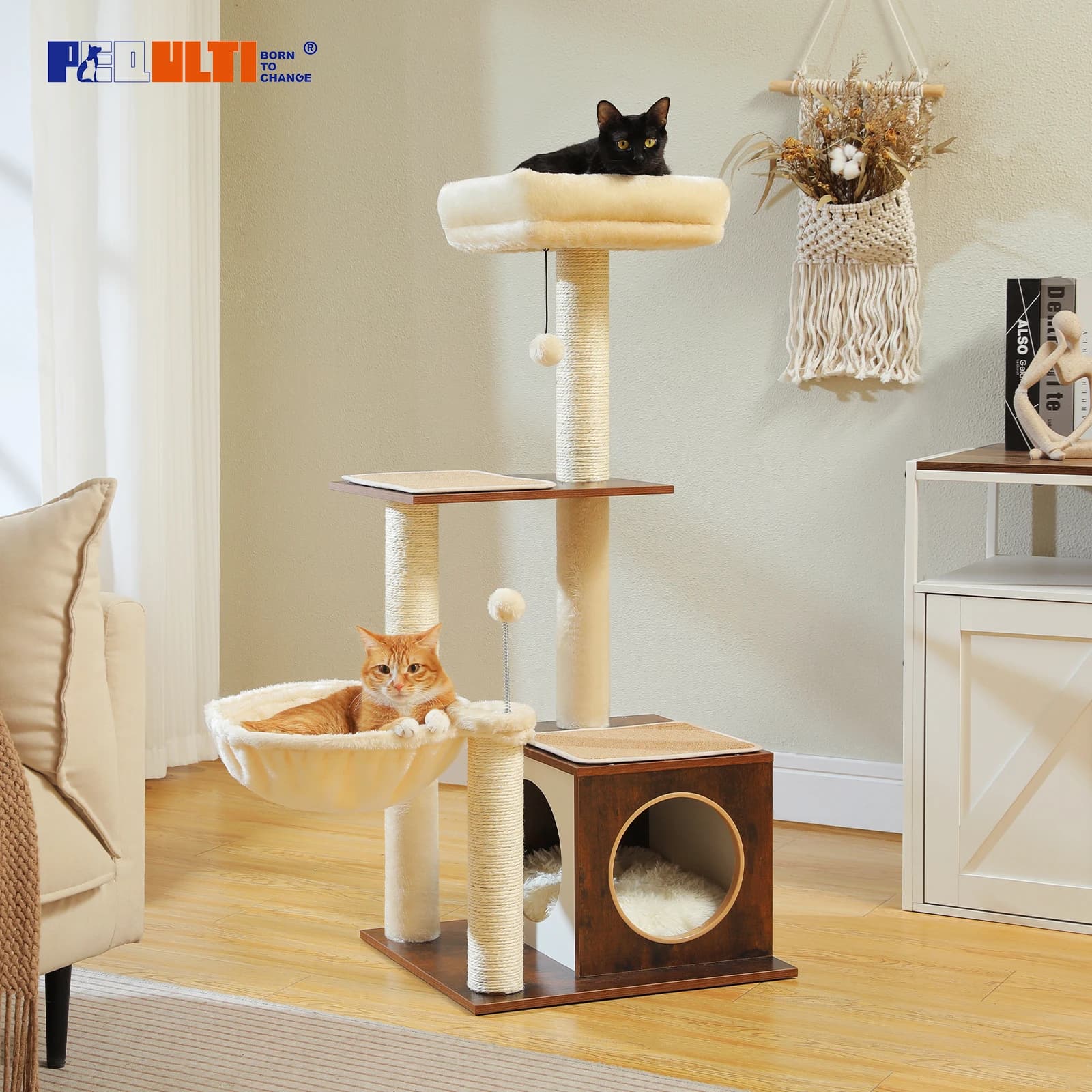 Albero per gatti moderno per gatti da interni Torre per gatti in legno multilivello con accogliente amaca per condominio Tiragraffi in sisal Casa per gattini Giocattoli per gatti