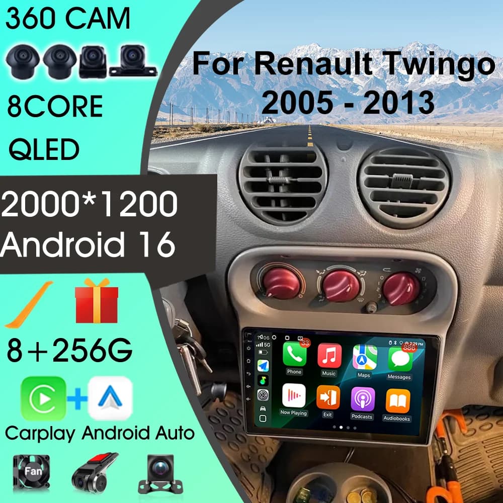 Autoradio Android 15 with Carplay for Renault Twingo 2005-2013, Multimedia player, FM DSP, Stereo, HD IPS screen