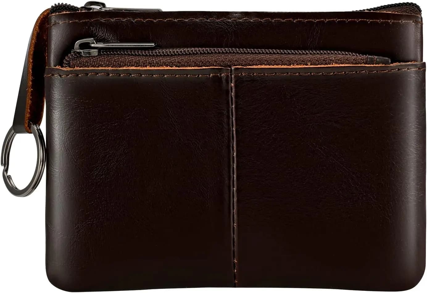 Dark Brown Genuine Leather Multi-Functional Wallet Card Holder Coin Purse Key Organizer with 3 Zippers Travel Work Daily