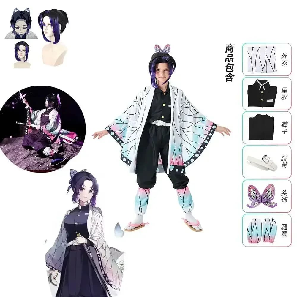 Parrucca Cosplay Kochou Shinobu per Adulti e Bambini, Costume Anime, Abbigliamento Cosplay, Fermaglio a Farfalla, Uniforme da Donna, Mantello Slayer, Outfit di Halloween