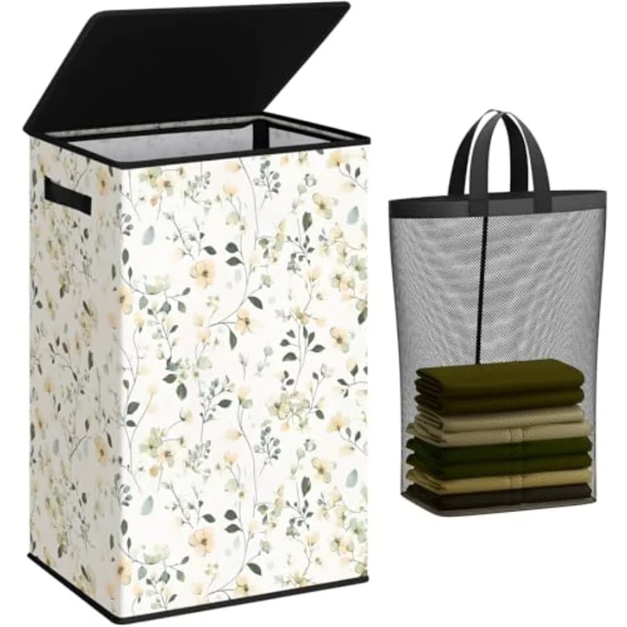 White basket with cover 90L, high and large, with flowers, folding, with removable bag, for dirty linen