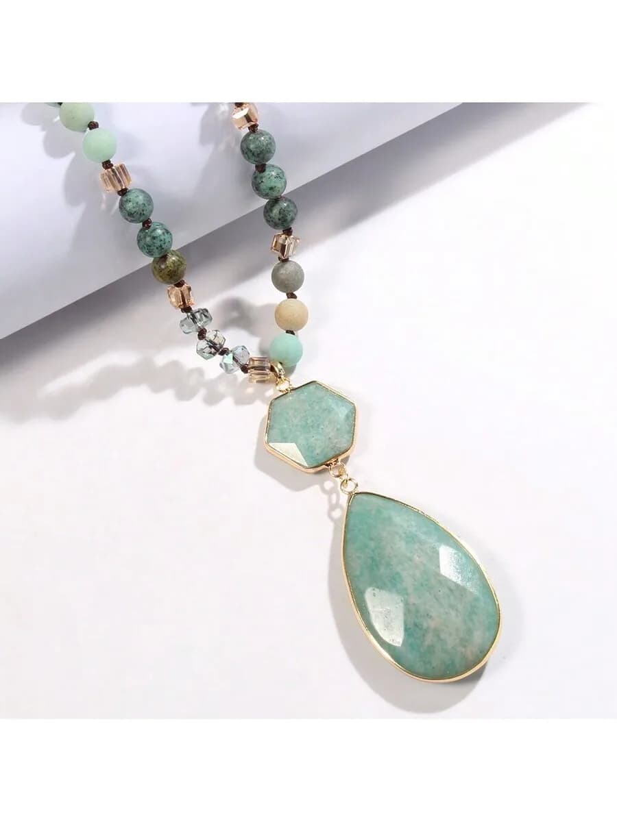Bohemian Womens Natural Stone And Glass Bead Necklace With Hexagon Connector And Teardrop Pendant Sweater Chain