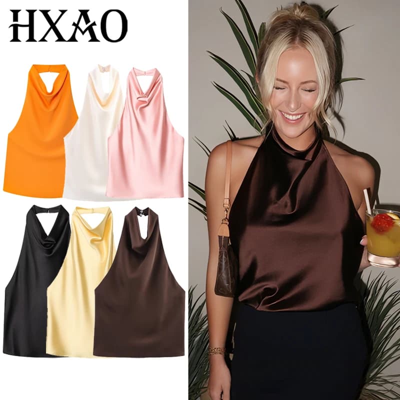 HXAO Top Women's Halter Satin Women's Top Corset No Back Top Yellow Black Summer Elegant Top Sexy Canotta Dresses