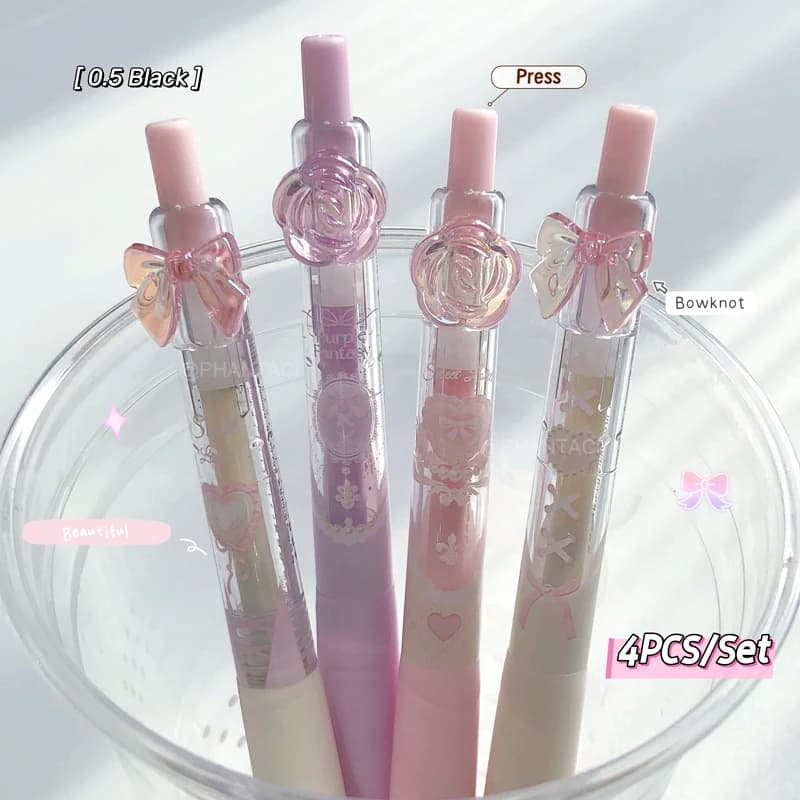 Set di 4 penne gel a forma di cuore per studenti, 0,5 mm, nere, con fiore e fiocco, per scrittura, articoli per ufficio, nuove.