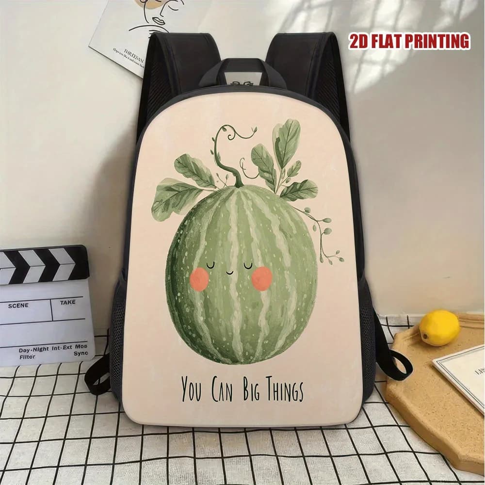 Un pratico e divertente zaino con stampa piatta 2D a tema anguria - una borsa a tracolla da viaggio spaziosa con chiusura a cerniera lavabile