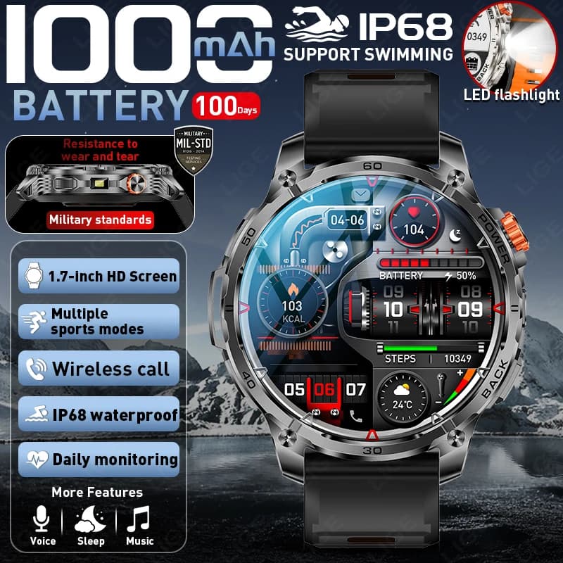 Nuovo Smartwatch 2026 Ultra Resistente da 1000mAh per Uomo, Militare da Esterno, Impermeabile IP68, Chiamate Bluetooth HD, Sportivo, Display 1.75 pollici, SOS
