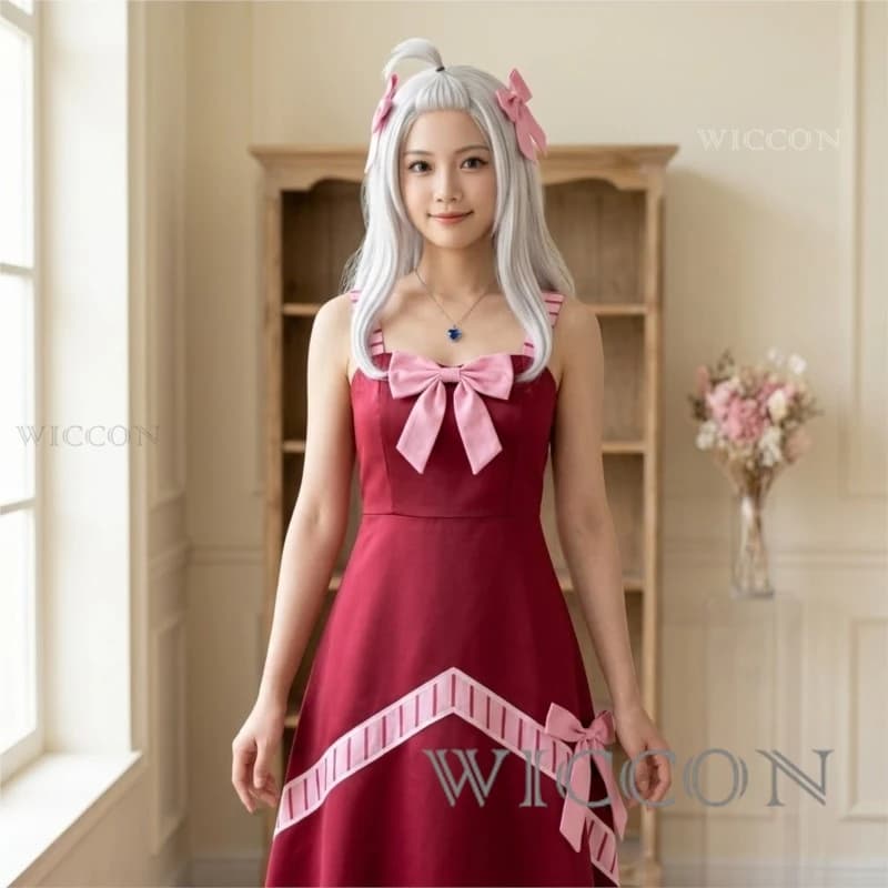 Halloween Mirajane Strauss Cosplay Anime Costume Red Long Dress Pink Bow White Wigs Necklace costumes woman