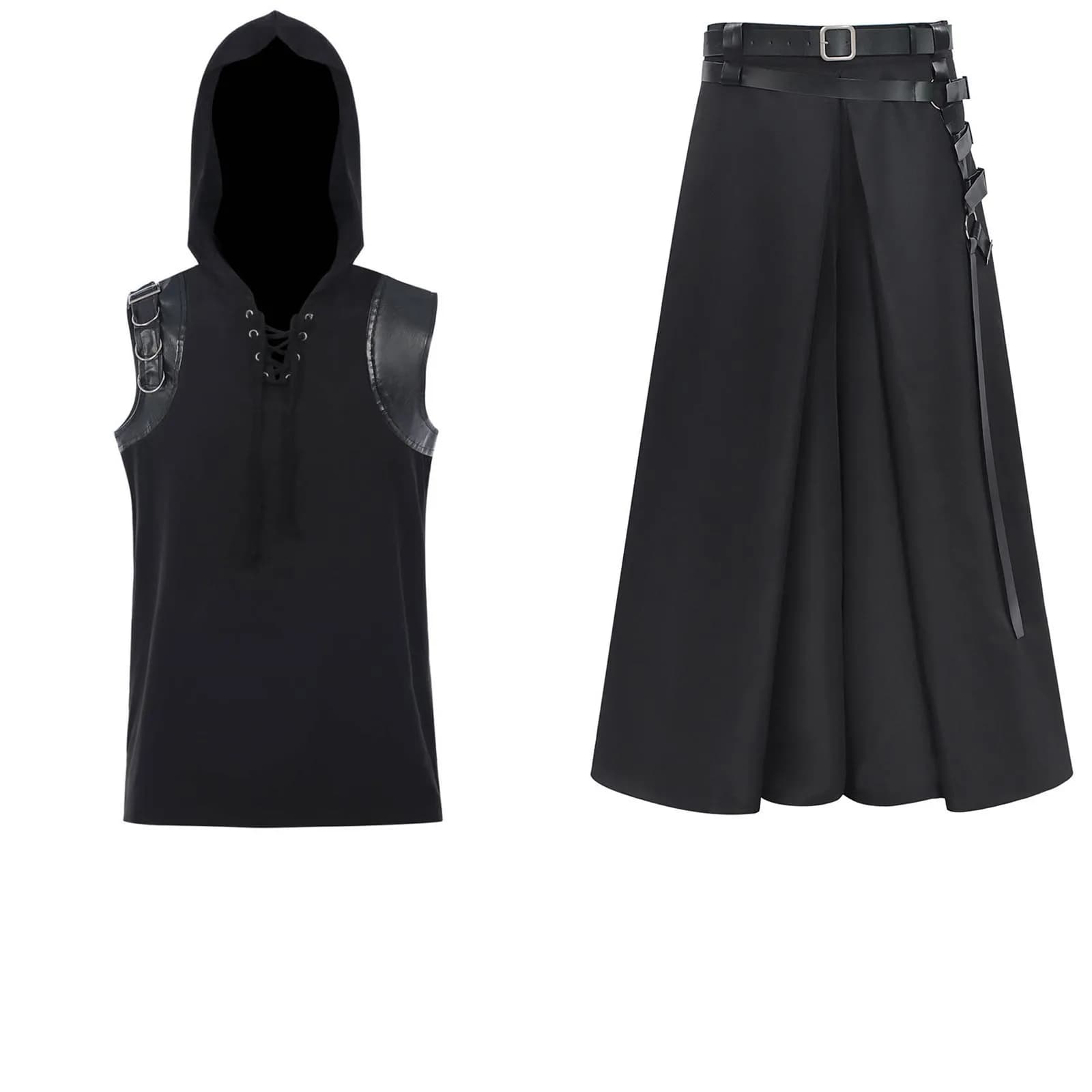 Set di Pantaloni e Gonna Neri Medievali Steampunk Gotici da Uomo, Costume per Carnevale e Halloween