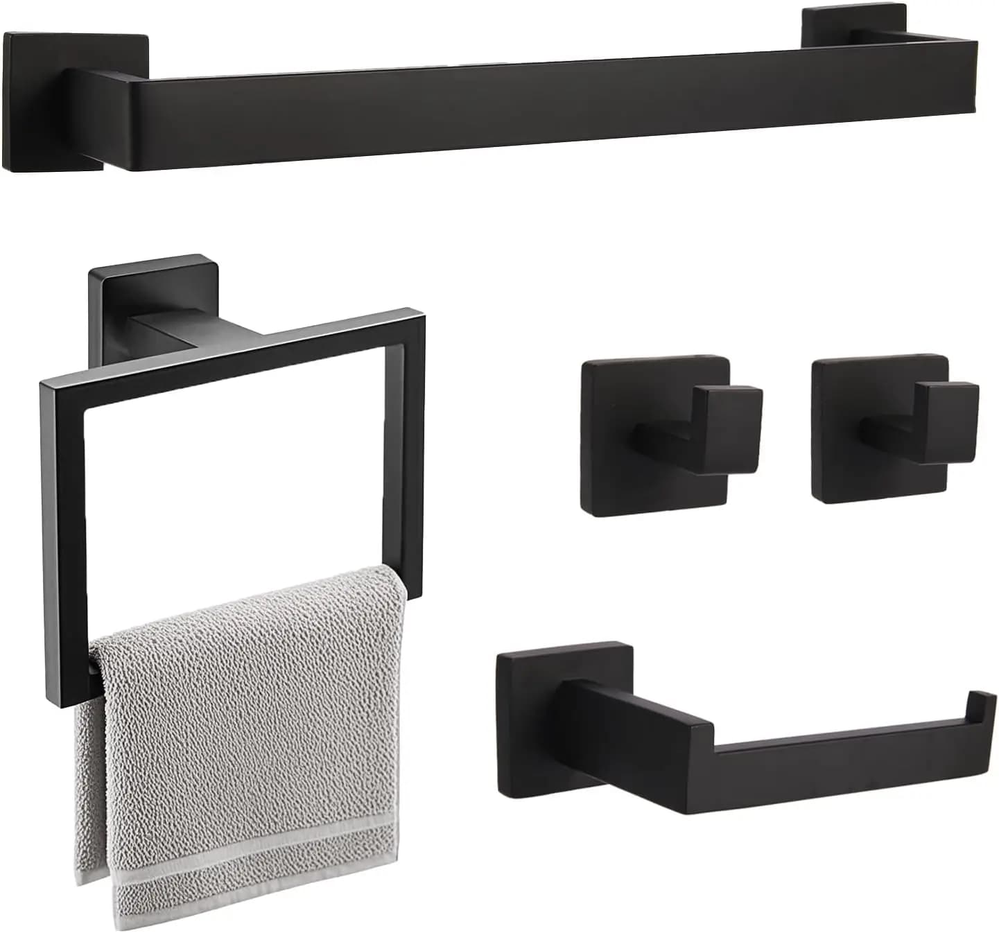 Set di 5 Accessori da Bagno Neri con Porta Asciugamani e Anello per Montaggio a Parete