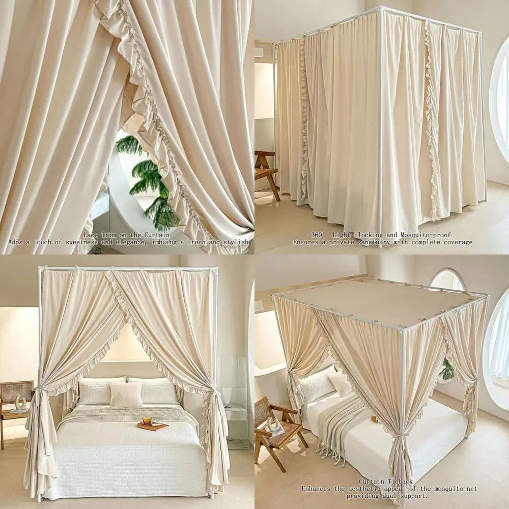 Kaki double bed curtains with laces, windproof and obscuring, ideal for decorating the bedroom of girls and adults