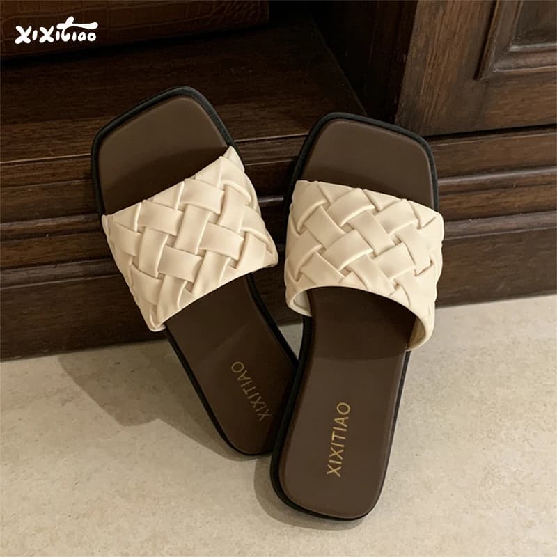 XIXITIAO Sandals for Women Fashion Summer Casual Woven Wedge Outdoor Design Beach Slippers French Ladies Comfortable Flip-flops