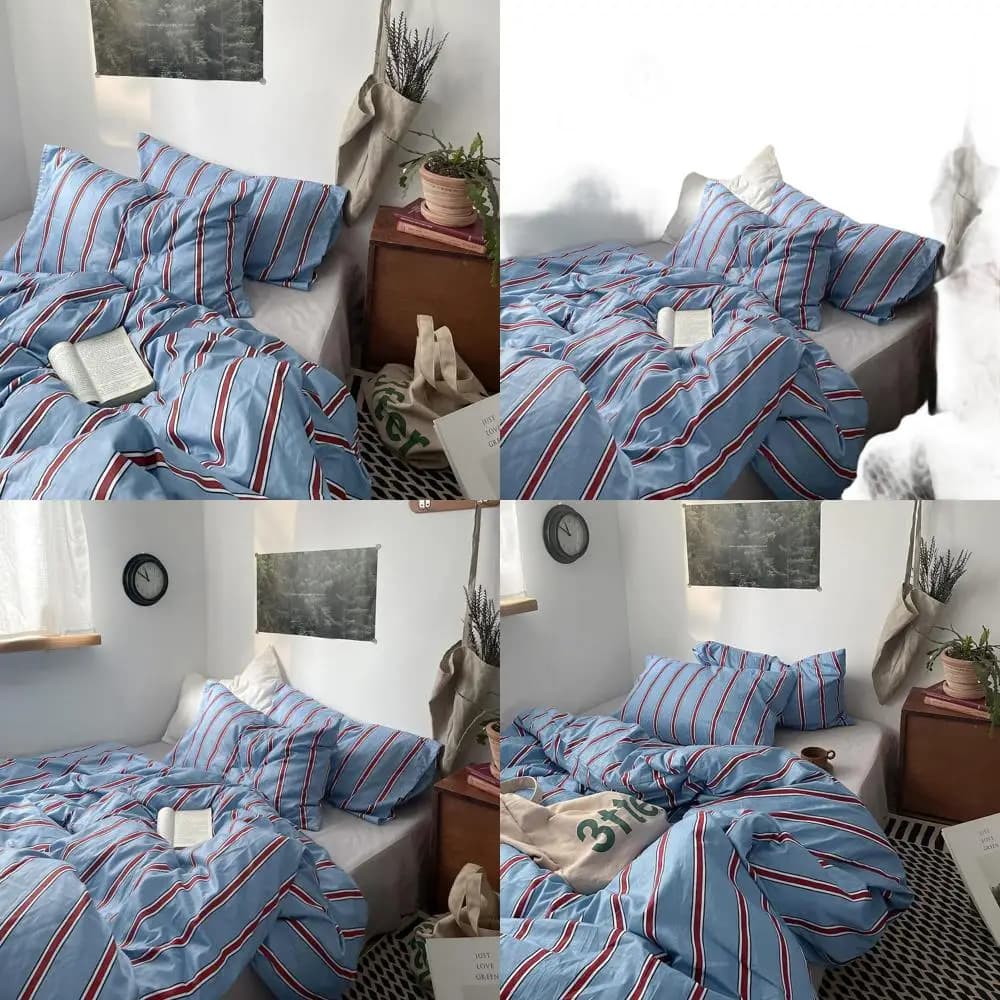 Copripiumino vintage a righe blu Queen - Set copripiumino da letto in 3 pezzi con strisce rosse in cotone 100% con chiusura a cerniera, morbido e traspirante