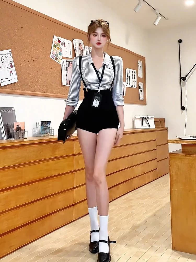 Slim Fit Striped Shirt And High Waist Shorts Women's Fashion Set Summer Waist-Cinching Long Sleeve Neck Short Length