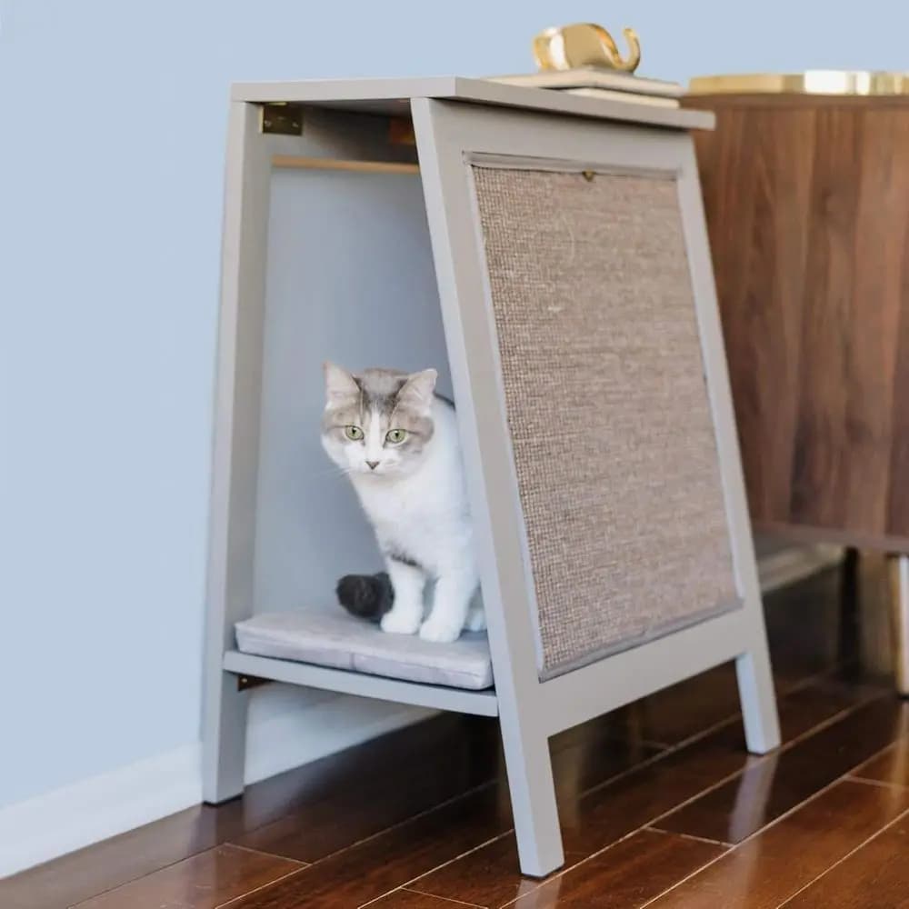 Tavolo per Gatti Contemporaneo Grigio Fumo con Base Ventilata, Multi-Posizione, Cuscino Facile da Pulire e Parti Rimovibili