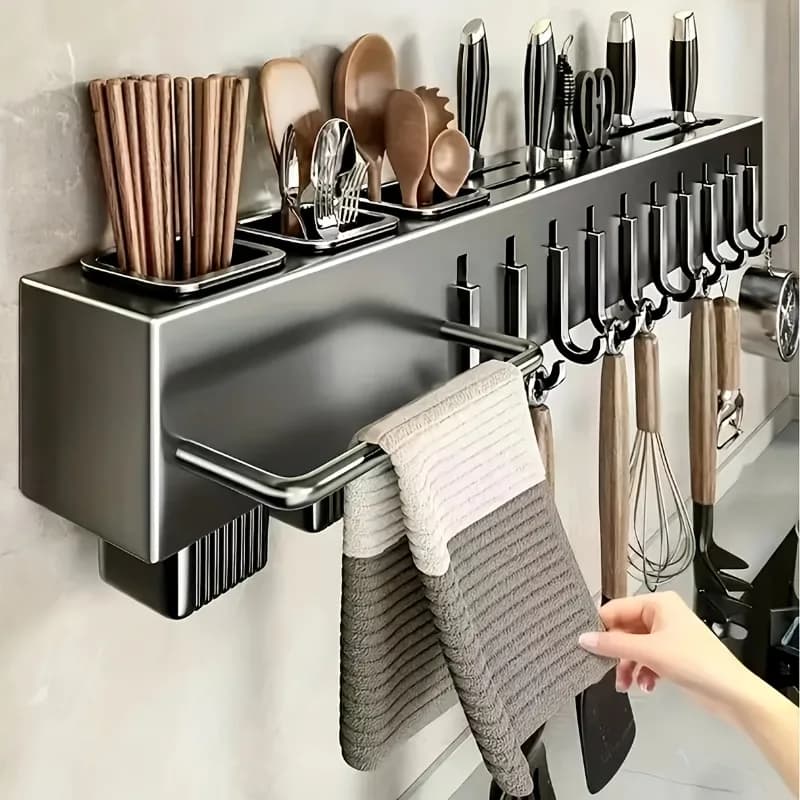Multi-Functional Heavy-Duty Carbon Steel Knife Holder,No-Drill Wall-Mounted Organizer Rack for Knives, Utensils & Cutting Boards