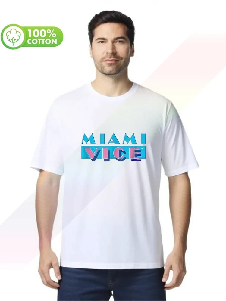 T-shirt da uomo girocollo in cotone 100% pesante con logo Miami Vice, comoda, taglie S-XXXL