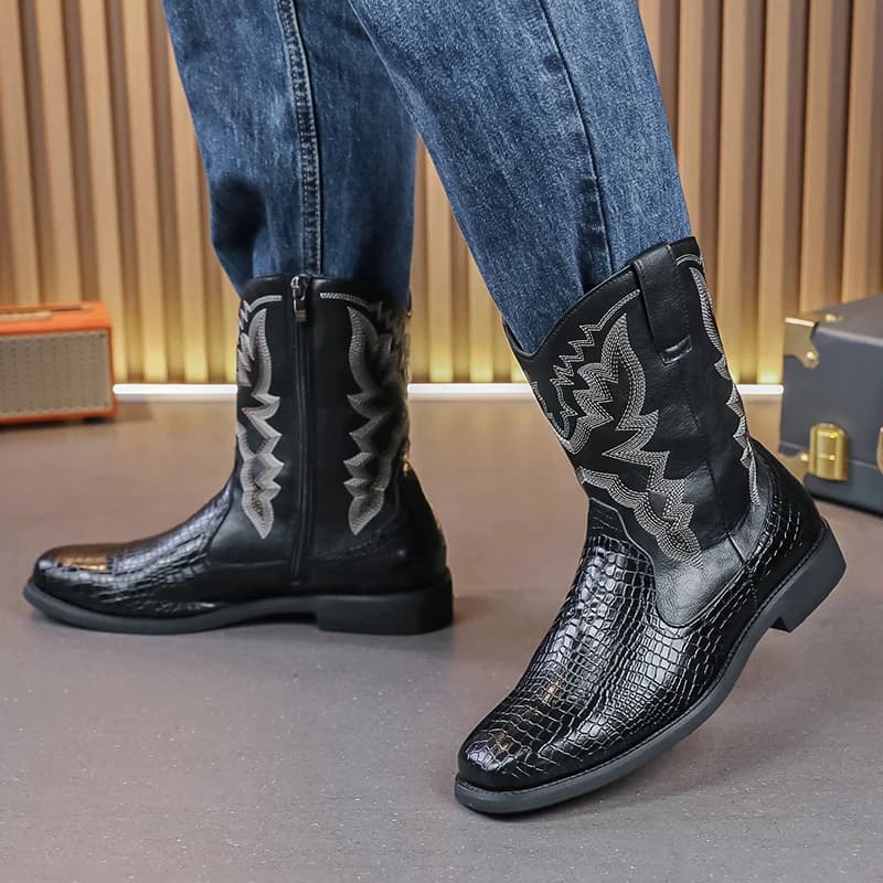 Autunno e inverno nuovi uomini stivali da cowboy occidentali alti top PU testa quadrata fiore bruciato ricamato cerniera laterale stivali da uomo moda