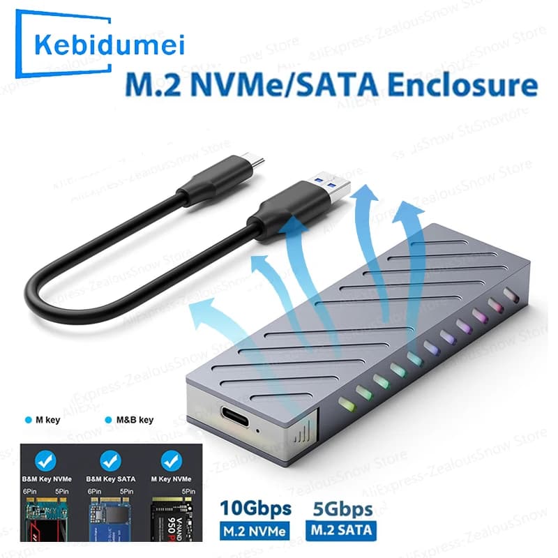 Custodia SSD M.2 10Gbps M.2 SATA/NVMe Adattatore SSD doppio protocollo SSD a USB 3.1 Custodia esterna per NVME PCIE NGFF SATA RGB Box