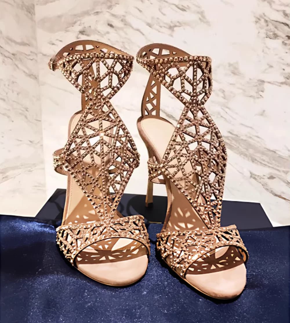 Sandali Stiletto in Oro Rosa con Cristalli, Design Sexy con Ritagli, Punta Rotonda e Aperta, Tacco Alto Sottile per Serate di Alta Moda
