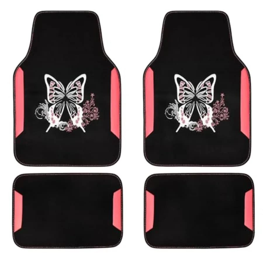 Tappetini per auto con ricamo a farfalla, tappetini in pelle rosa con supporto per il tallone per donne e ragazze, adattamento universale per SUV